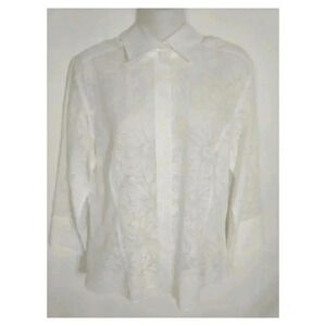 Talbots White Sheer Floral Button Blouse Size 14 1B